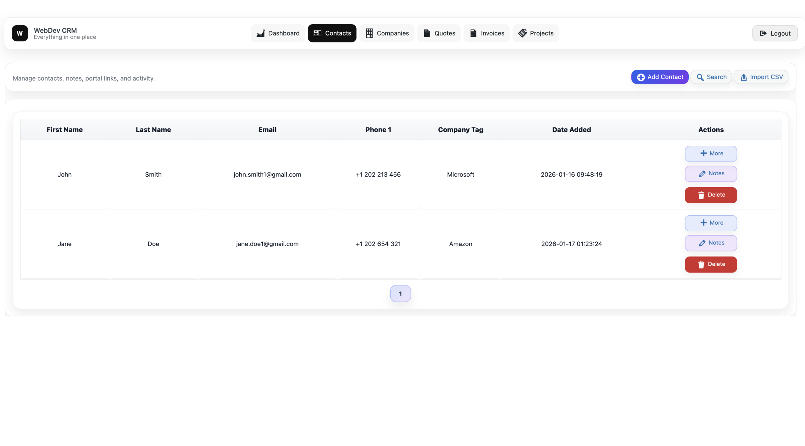 WebDev CRM - Contacts Page