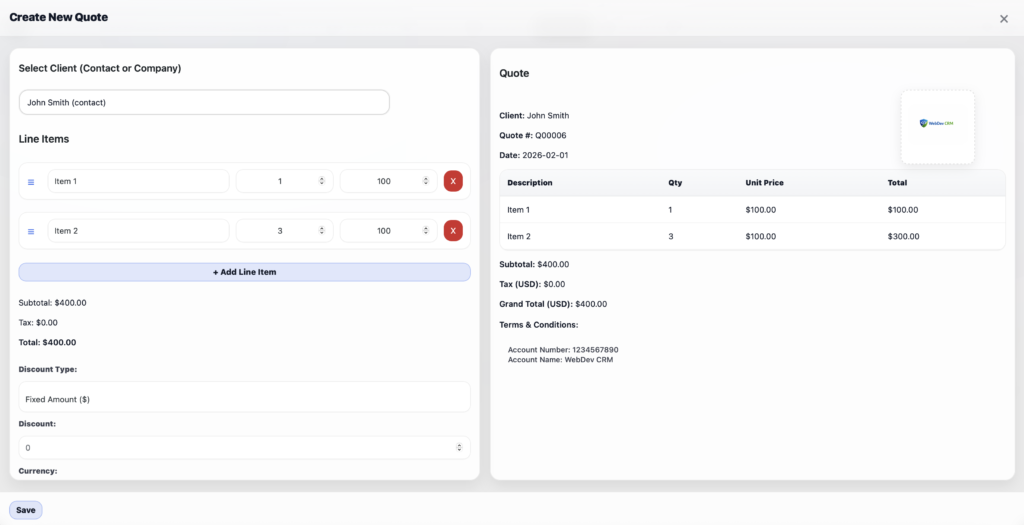 WebDev CRM - Add Quote