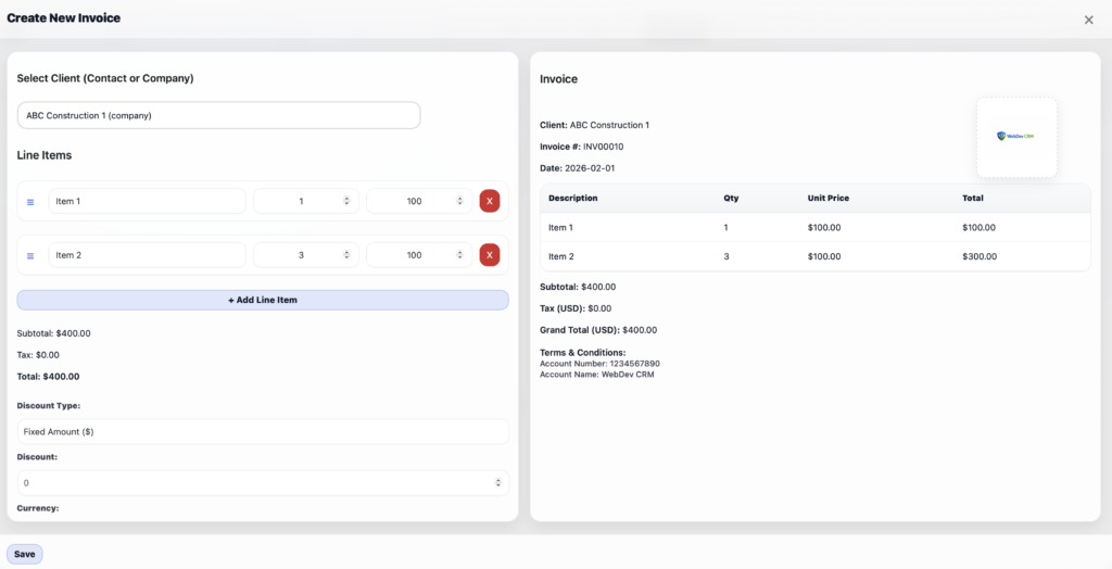 WebDev CRM - Add Invoice