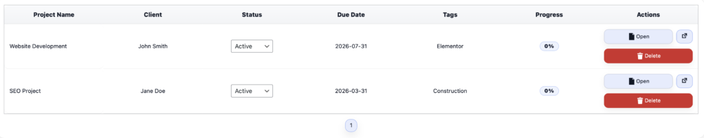 WebDev CRM - Project table