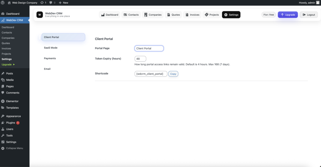 WebDev CRM - Client Portal Settings