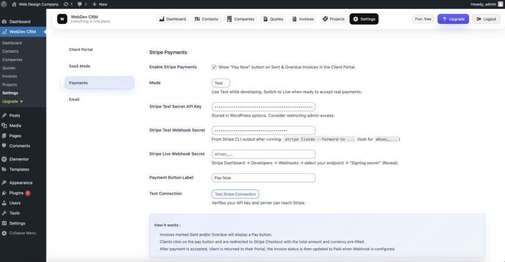 WebDev CRM - Stripe Payments